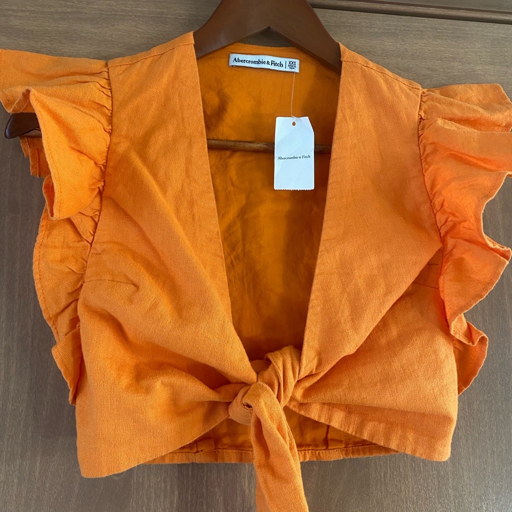 NWT Abercrombie & Fitch Orange Linen Cotton Cropped Shirt - Picture 2 of 5